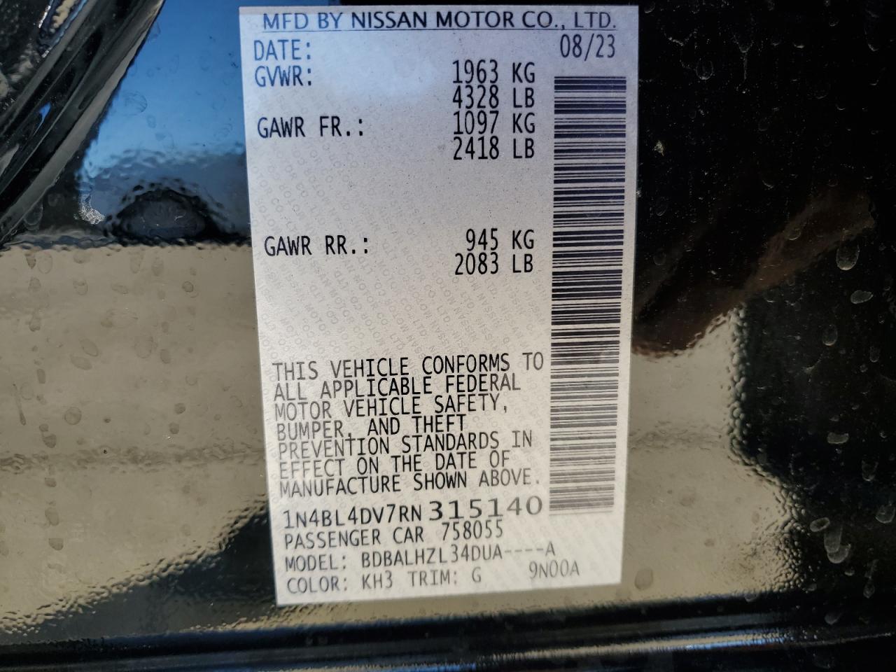 2024 NISSAN ALTIMA SV VIN:1N4BL4DV7RN315140