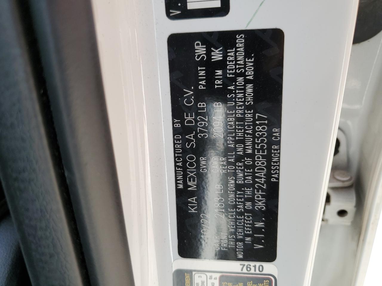 2023 KIA FORTE LX VIN:3KPF24AD8PE553817