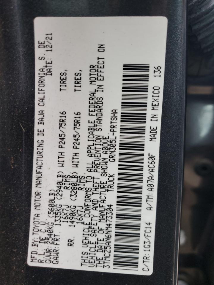 2022 TOYOTA TACOMA DOUBLE CAB VIN:3TMCZ5AN6NM473304