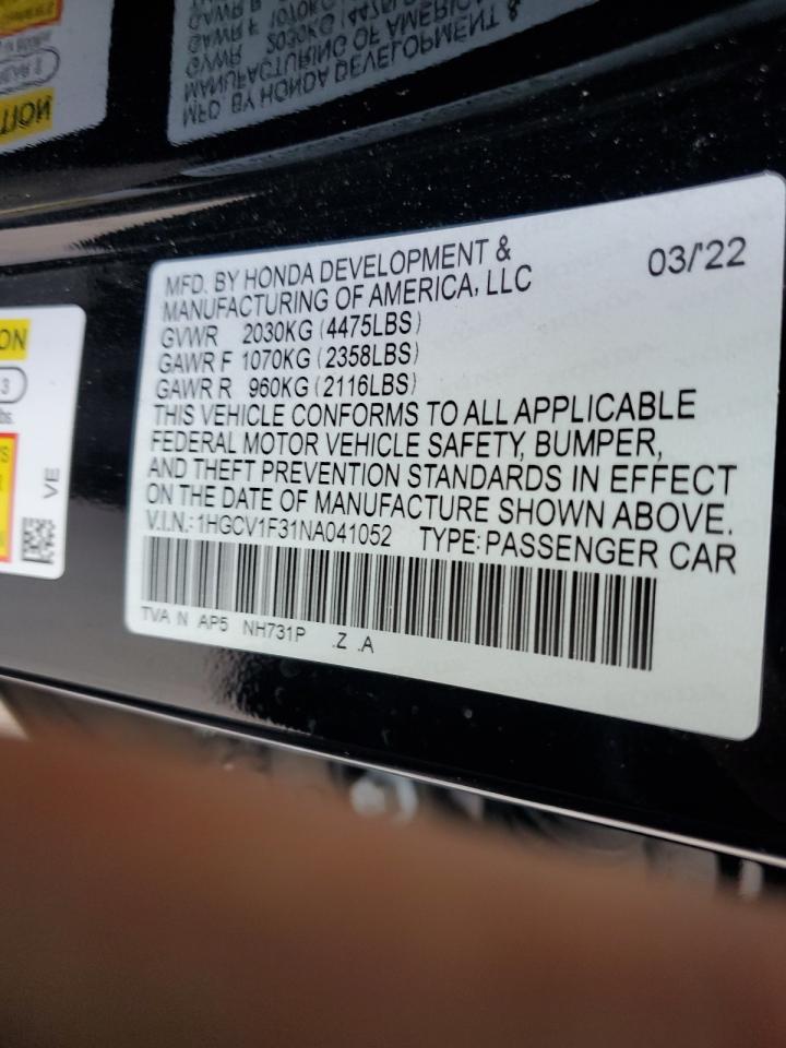 2022 HONDA ACCORD SPORT VIN:1HGCV1F31NA041052