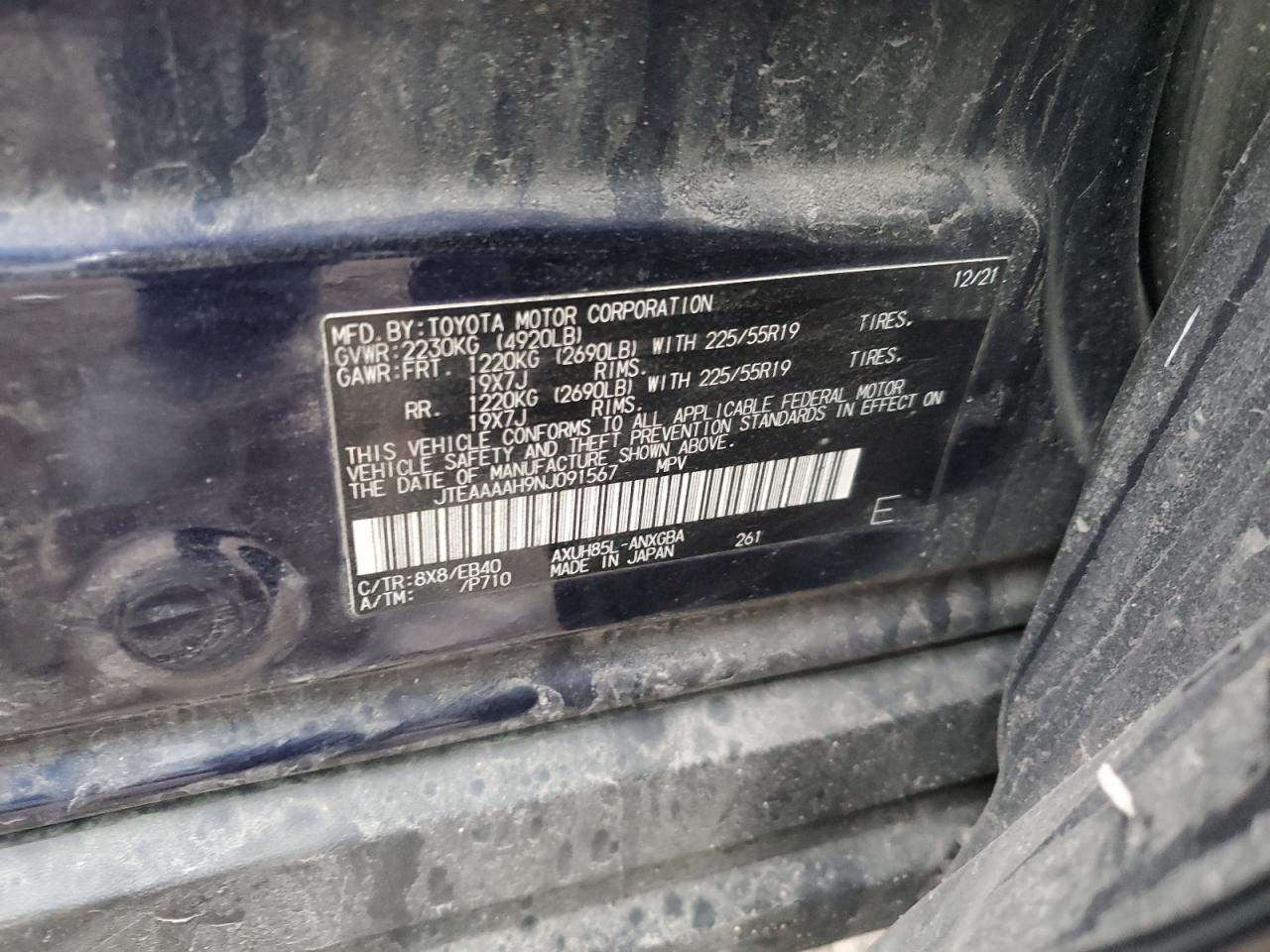 2022 TOYOTA VENZA LE VIN:JTEAAAAH9NJ091567