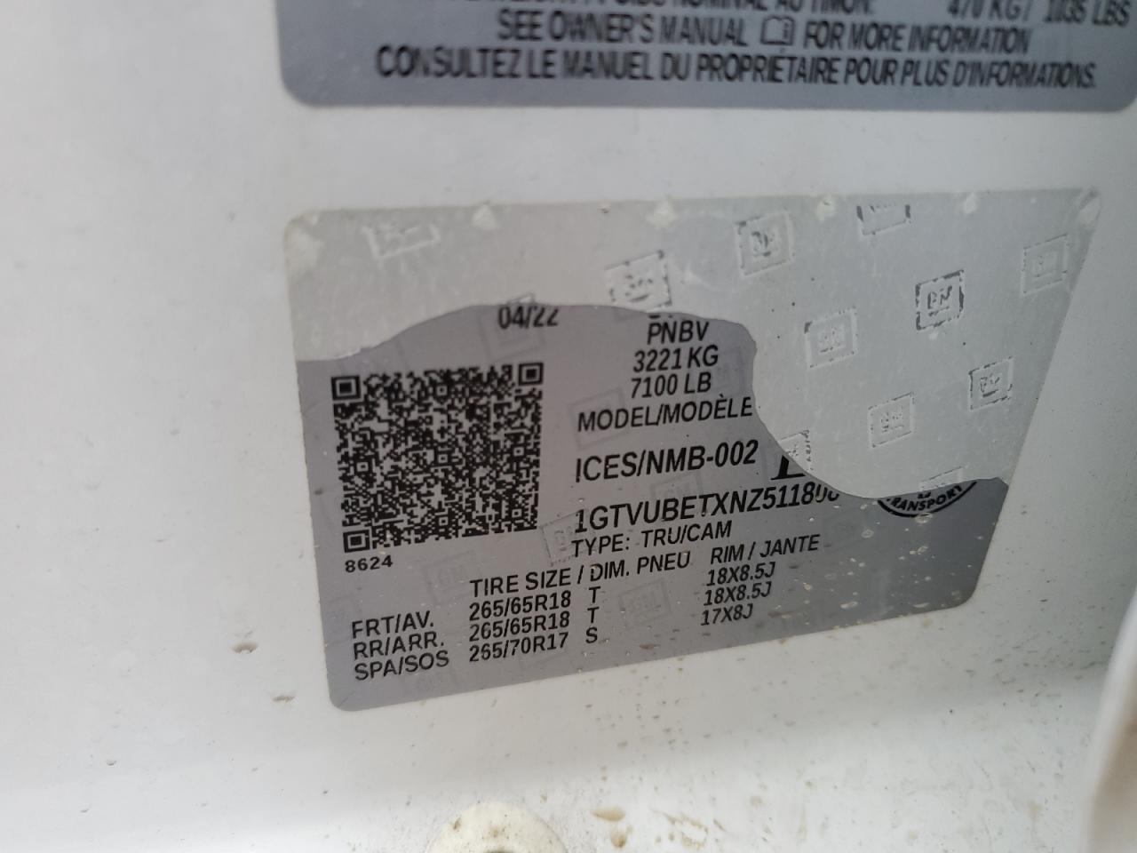 2022 GMC SIERRA K1500 SLE VIN:1GTVUBETXNZ511808