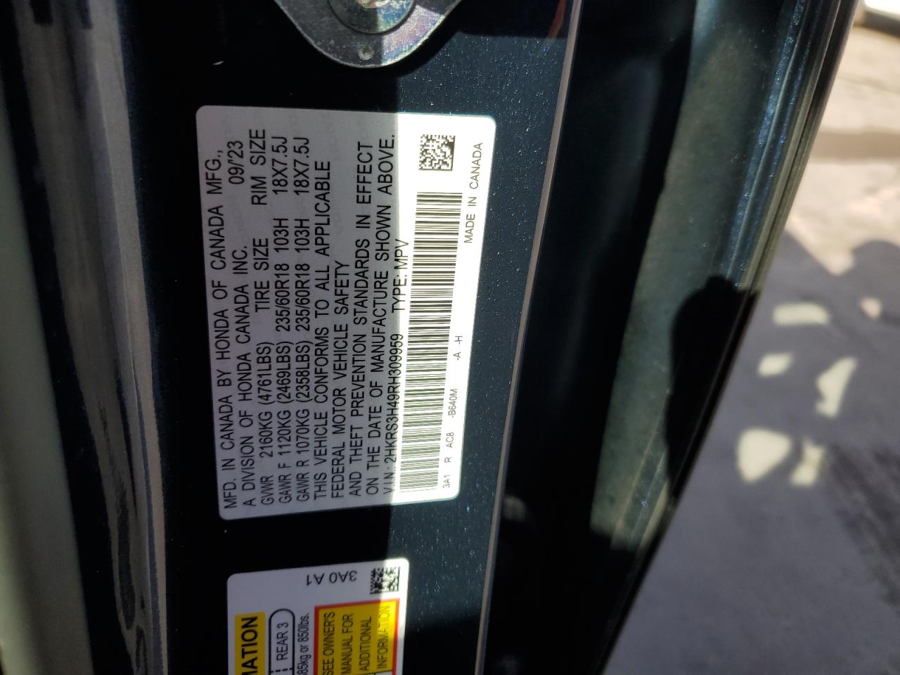 2024 HONDA CR-V EX VIN:2HKRS3H49RH309959
