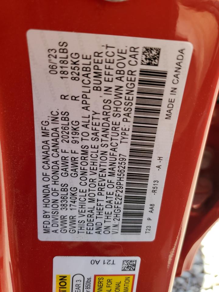 2023 HONDA CIVIC LX VIN:2HGFE2F29PH562597