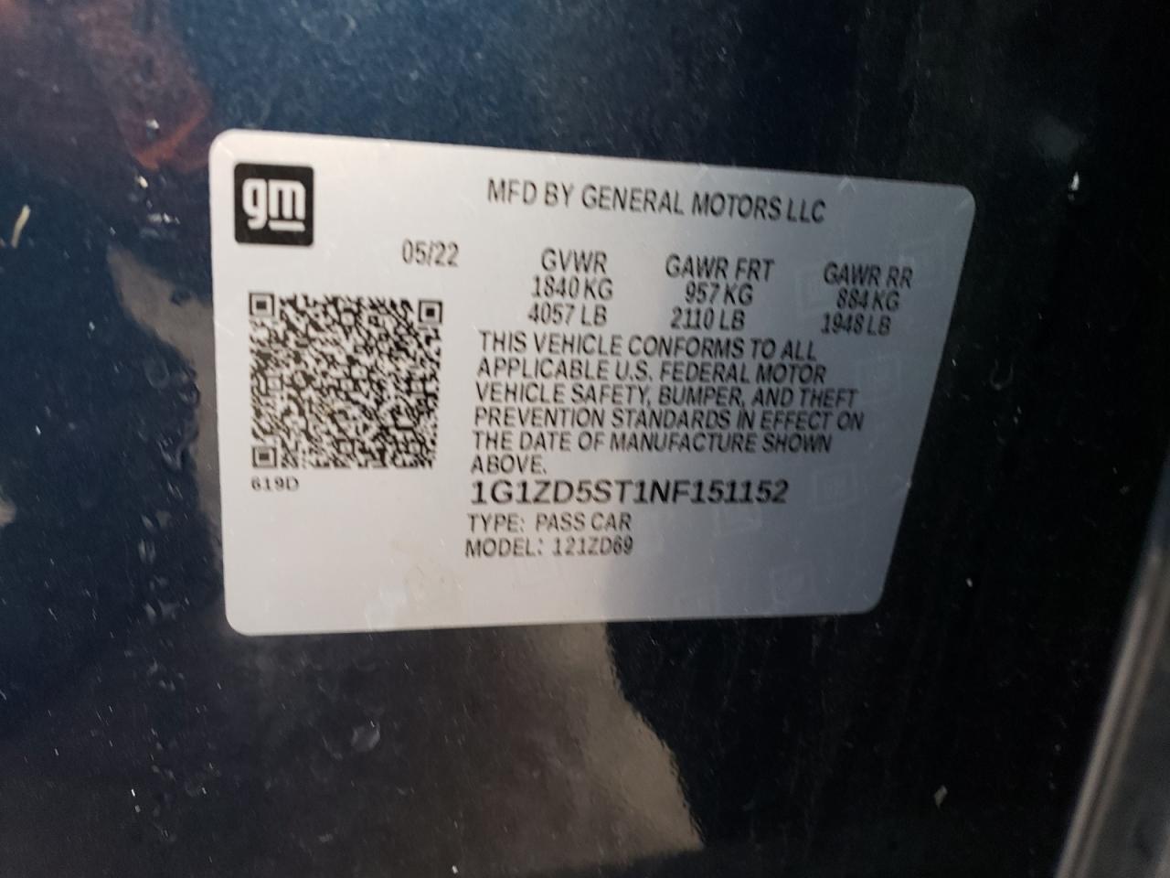 2022 CHEVROLET MALIBU LT VIN:1G1ZD5ST1NF151152