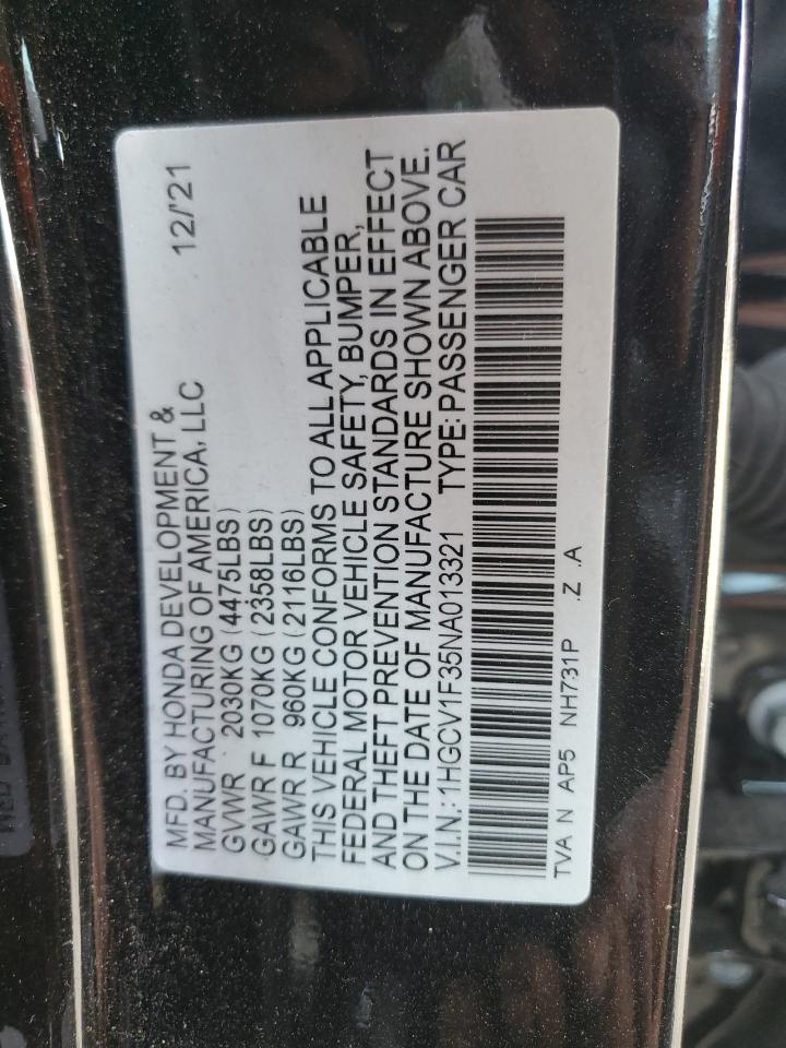 2022 HONDA ACCORD SPORT VIN:1HGCV1F35NA013321