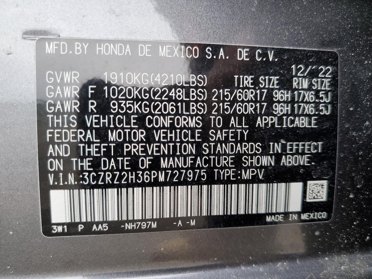 2023 HONDA HR-V LX VIN:3CZRZ2H36PM727975