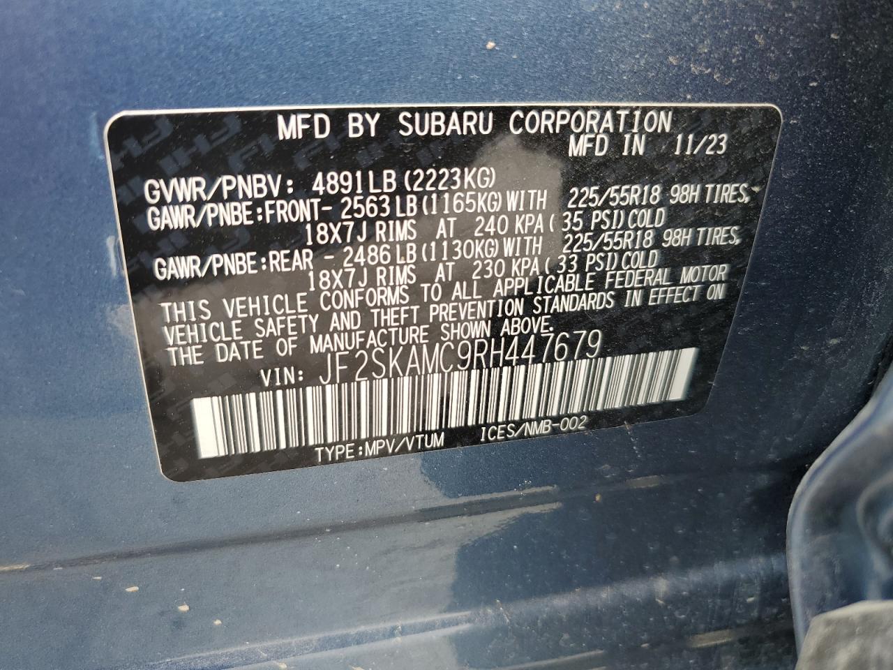 2024 SUBARU FORESTER TOURING VIN:JF2SKAMC9RH447679