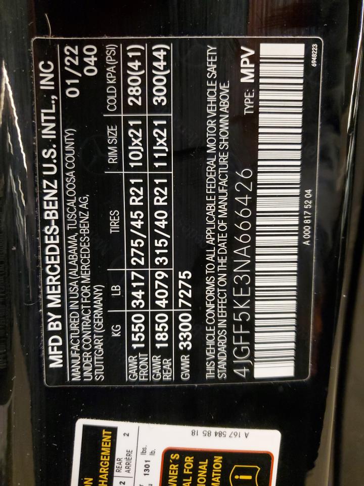 2022 MERCEDES-BENZ GLS 450 4MATIC VIN:4JGFF5KE3NA666426