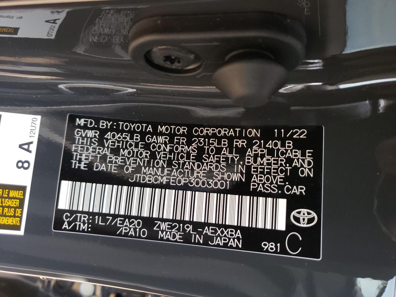 2023 TOYOTA COROLLA LE VIN:JTDBCMFE0P3003001