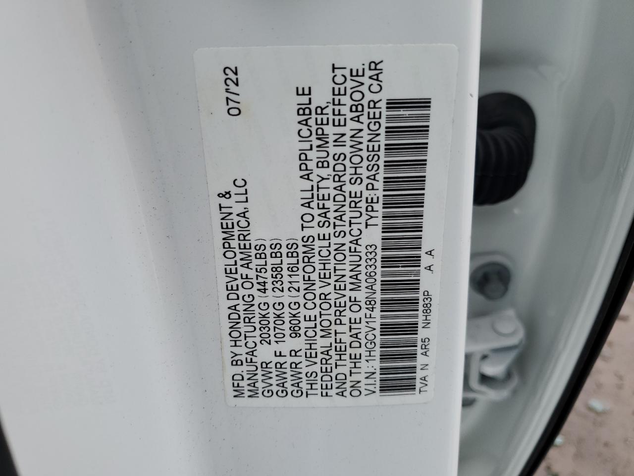2022 HONDA ACCORD SPORT SE VIN:1HGCV1F48NA063333