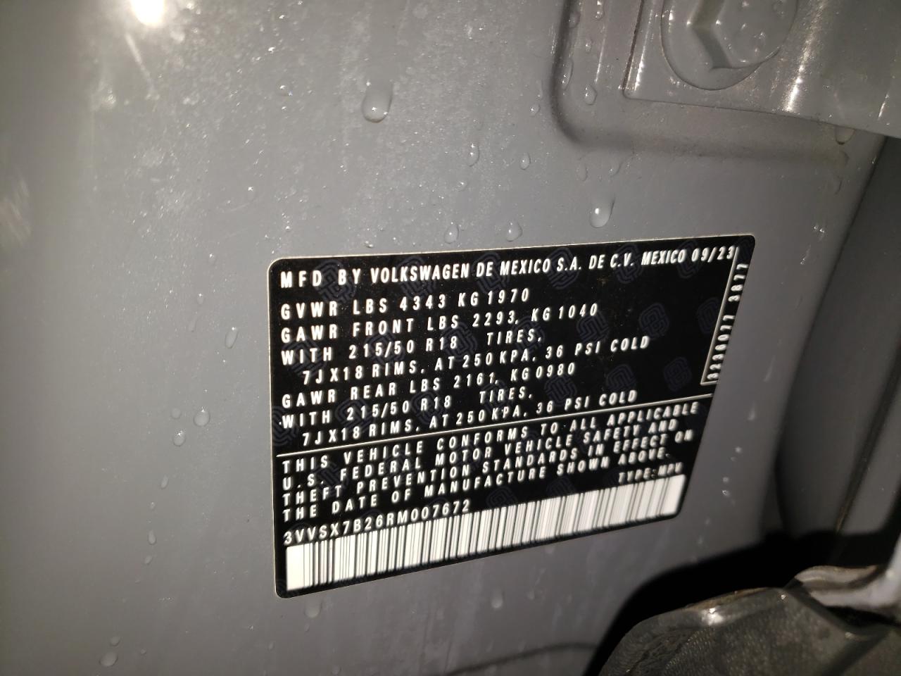 2024 VOLKSWAGEN TAOS SE VIN:3VVSX7B26RM007672