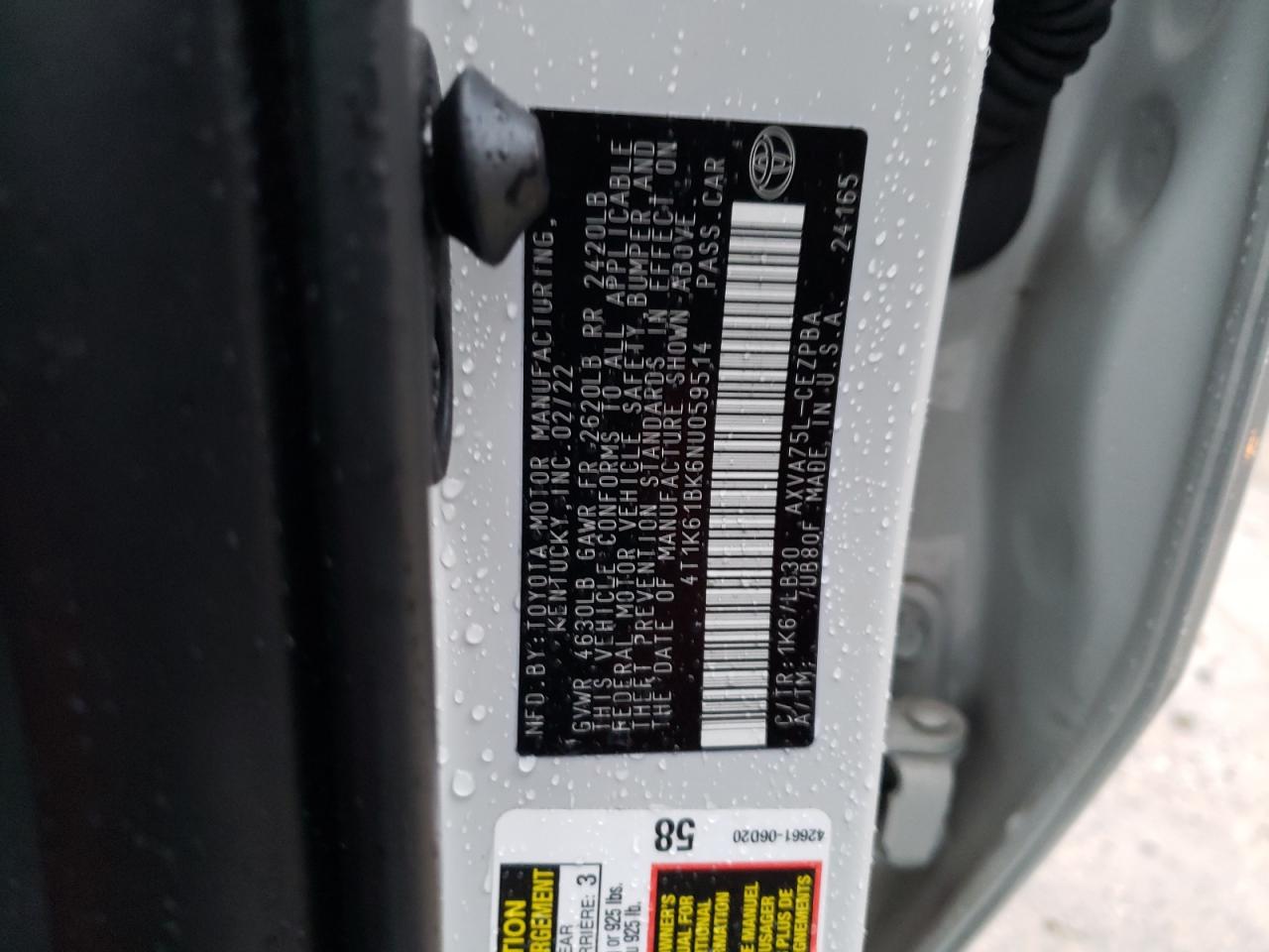 2022 TOYOTA CAMRY XSE VIN:4T1K61BK6NU059514