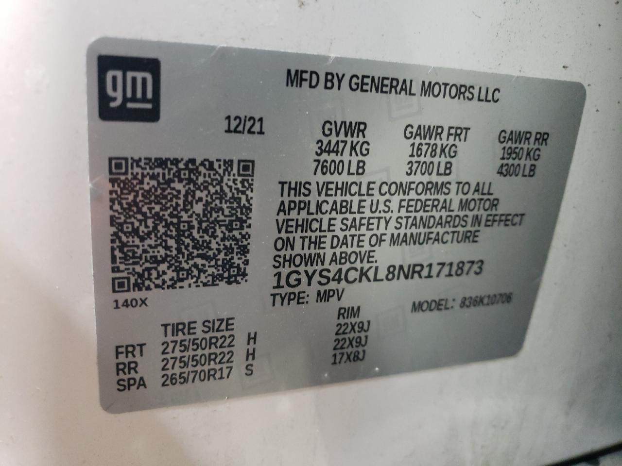 2022 CADILLAC ESCALADE PREMIUM LUXURY VIN:2T1BU4EE0DC985033