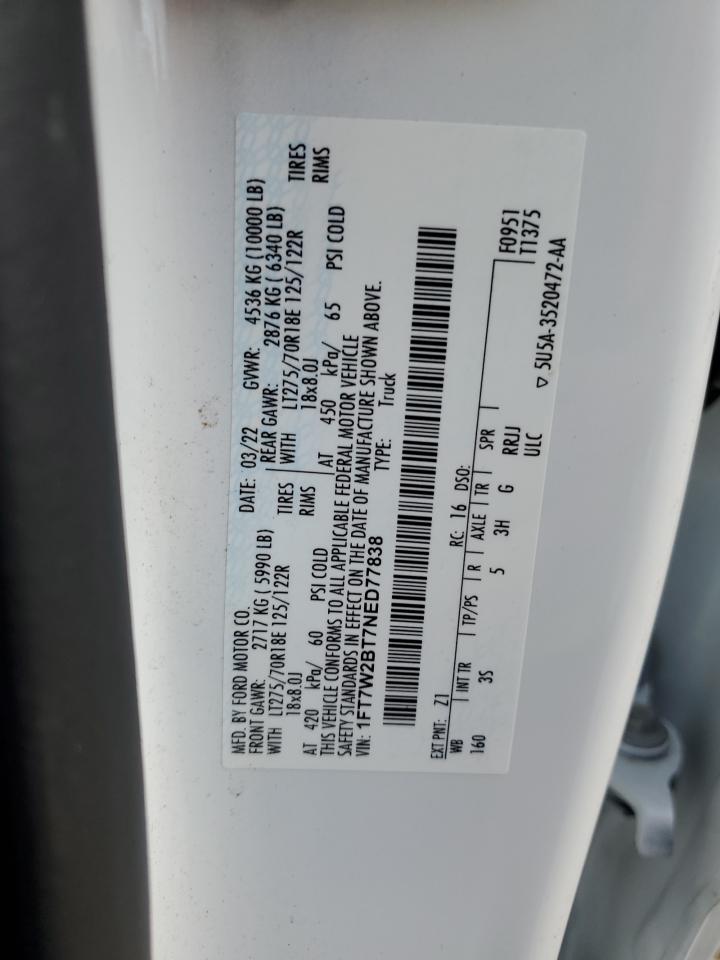 2022 FORD F250 SUPER DUTY VIN:1FT7W2BT7NED77838