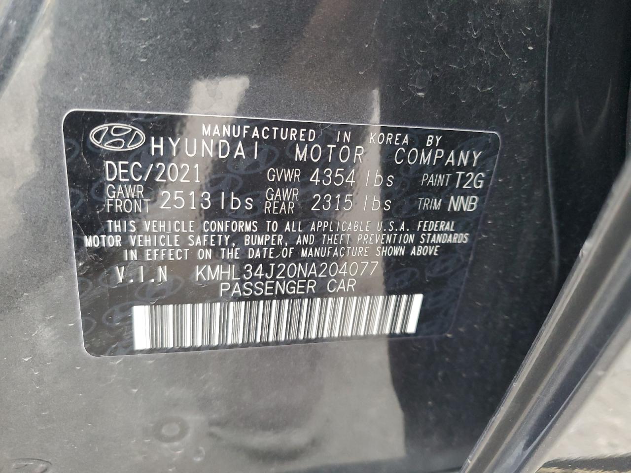 2022 HYUNDAI SONATA LIMITED VIN:KMHL34J20NA204077