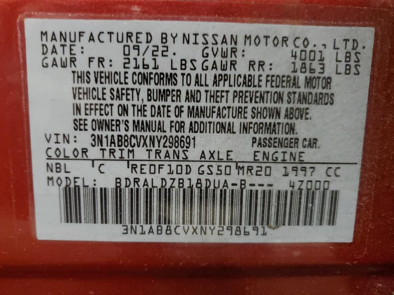 2022 NISSAN SENTRA SV VIN:3N1AB8CVXNY298691