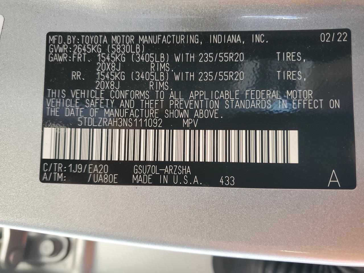 2022 TOYOTA HIGHLANDER XSE VIN:5TDLZRAH3NS111092