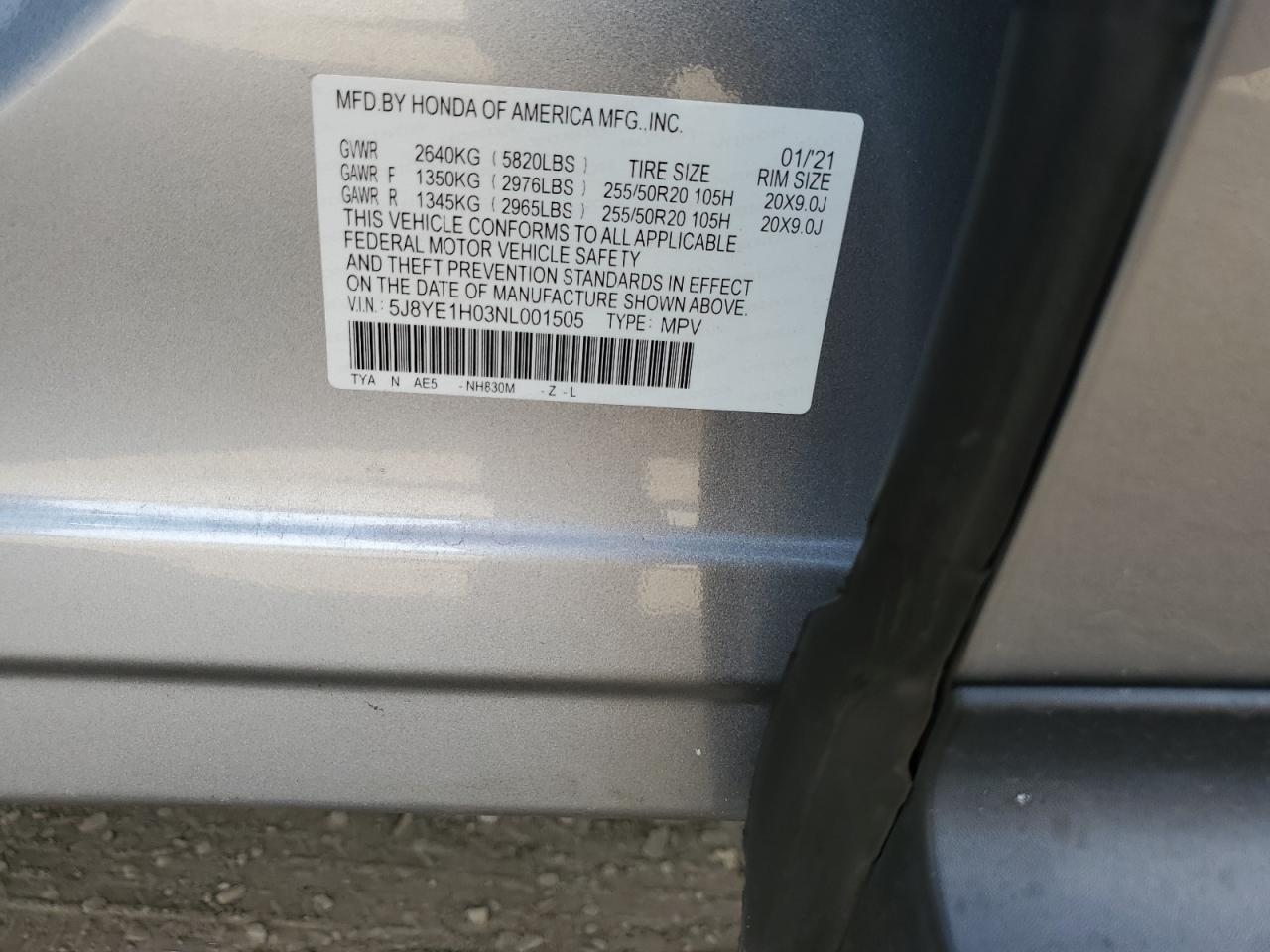 2022 ACURA MDX A-SPEC VIN:5J8YE1H03NL001505