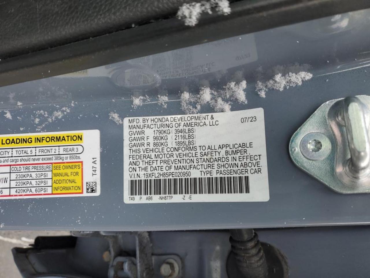 2023 HONDA CIVIC SPORT VIN:19XFL2H85PE020950