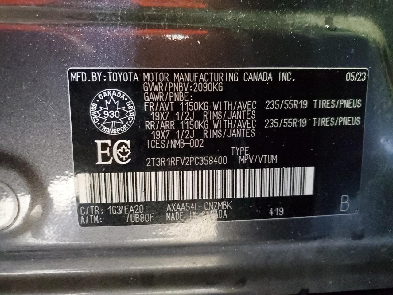 2023 TOYOTA RAV4 XLE VIN:2T3R1RFV2PC358400