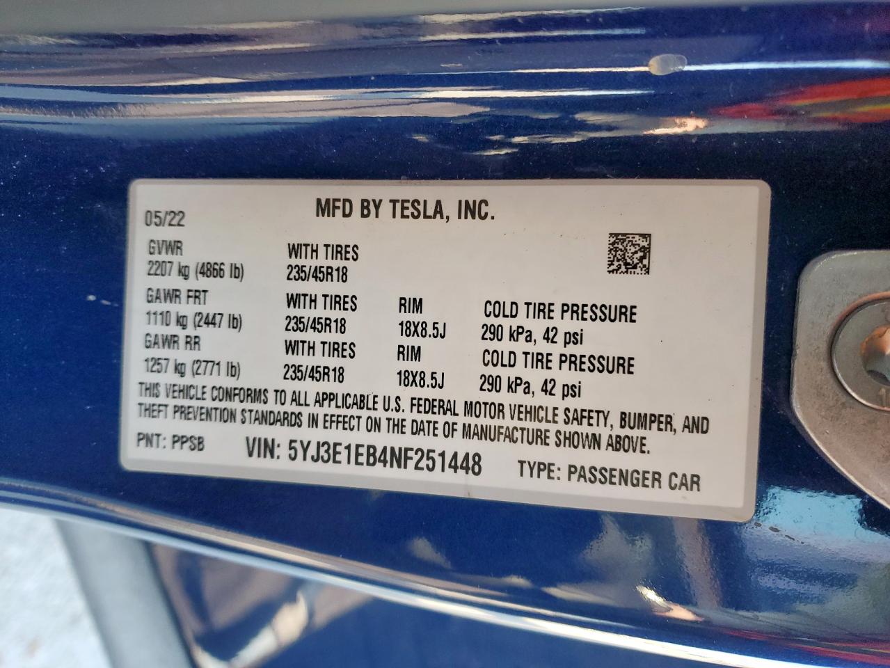 2022 TESLA MODEL 3  VIN:5YJ3E1EB4NF251448