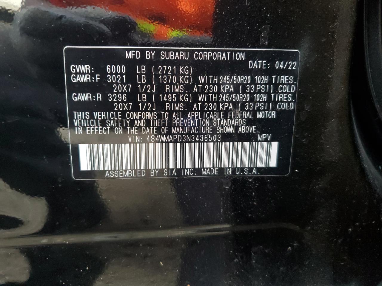 2022 SUBARU ASCENT LIMITED VIN:4S4WMAPD3N3436503