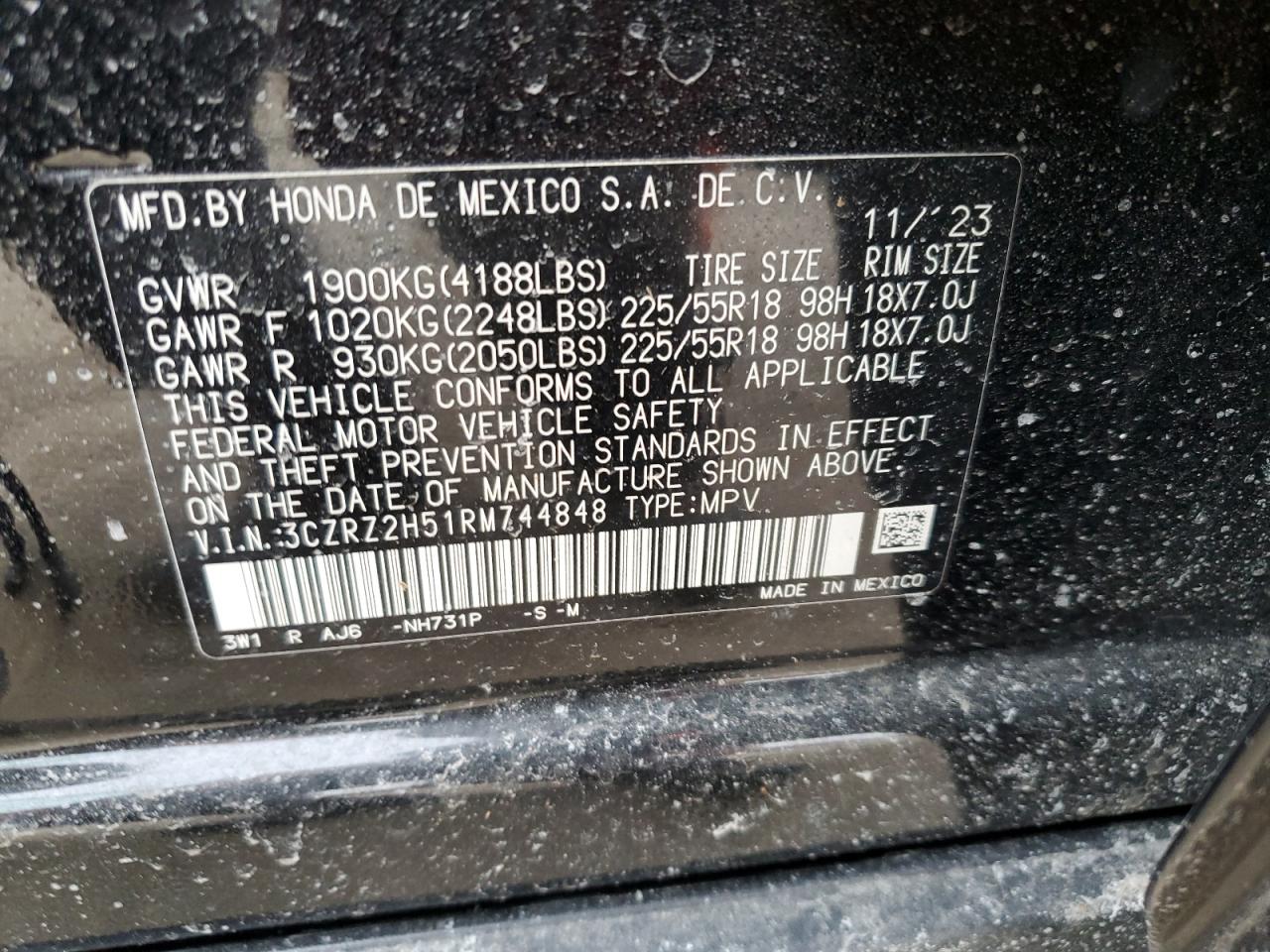 2024 HONDA HR-V SPORT VIN:3CZRZ2H51RM744848