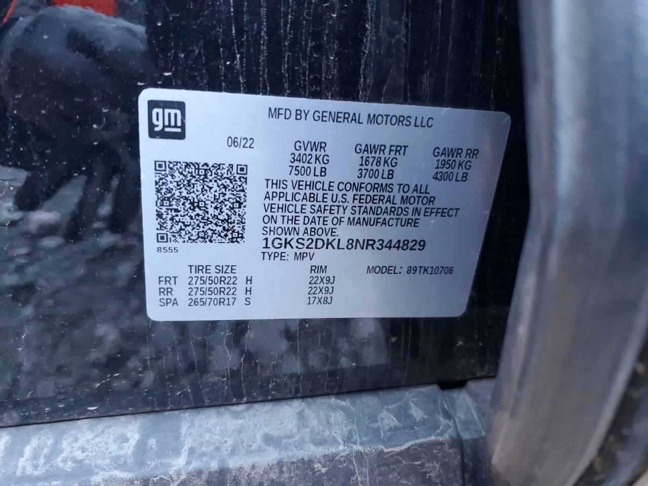 2022 GMC YUKON DENALI VIN:1GKS2DKL8NR344829