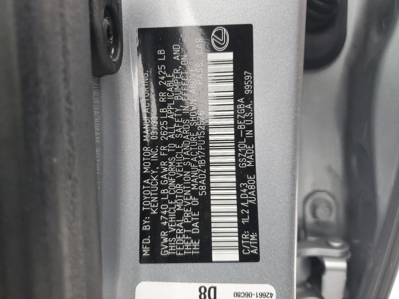 2023 LEXUS ES 350 BASE VIN:58ADZ1B17PU152576