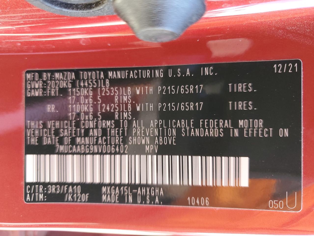 2022 TOYOTA COROLLA CROSS LE VIN:7MUCAABG9NV006402