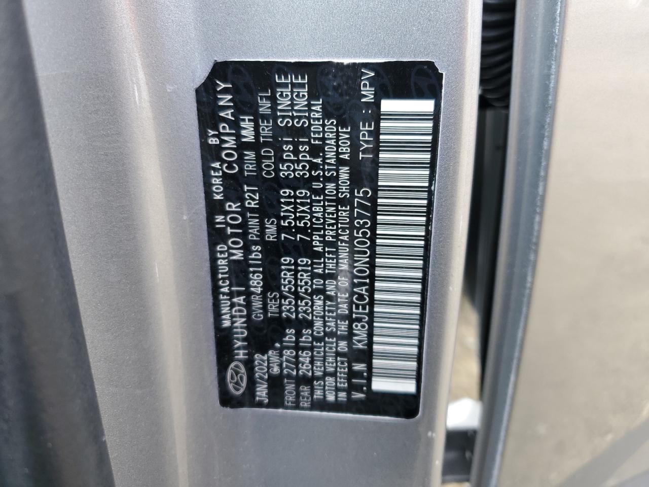 2022 HYUNDAI TUCSON LIMITED VIN:KM8JECA10NU053775