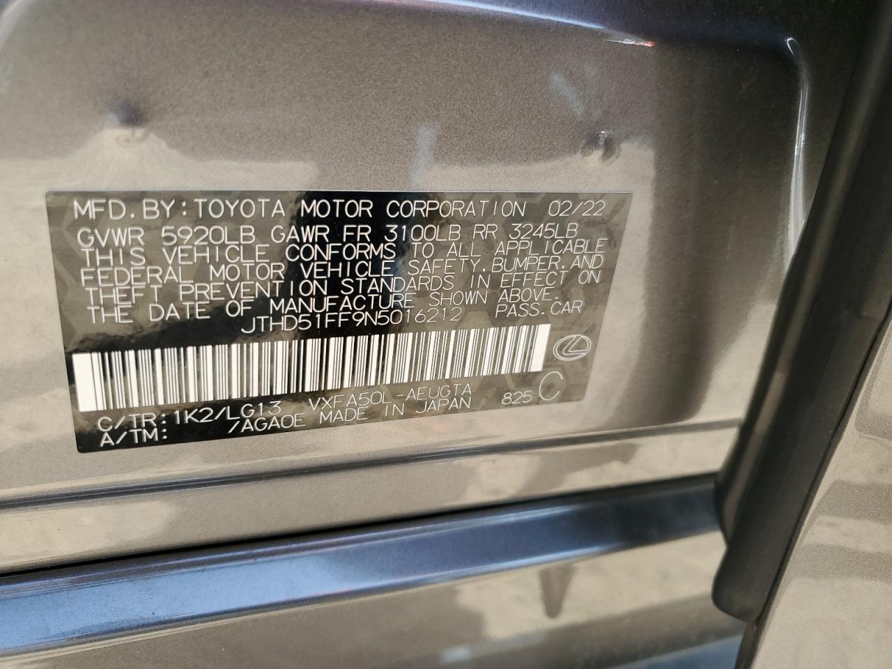 2022 LEXUS LS 500 BASE VIN:JTHD51FF9N5016212