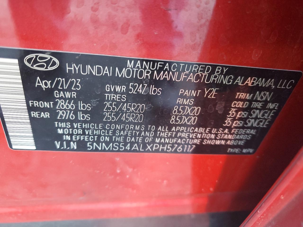 2023 HYUNDAI SANTA FE CALLIGRAPHY VIN:5NMS54ALXPH576117