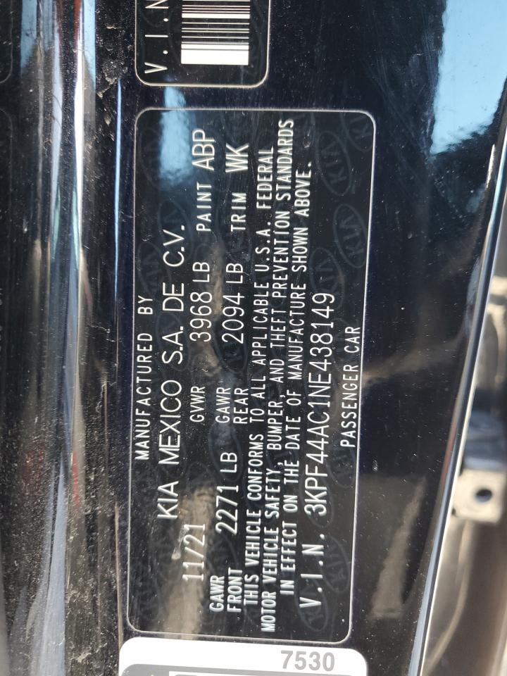 2022 KIA FORTE GT VIN:3KPF44AC1NE438149