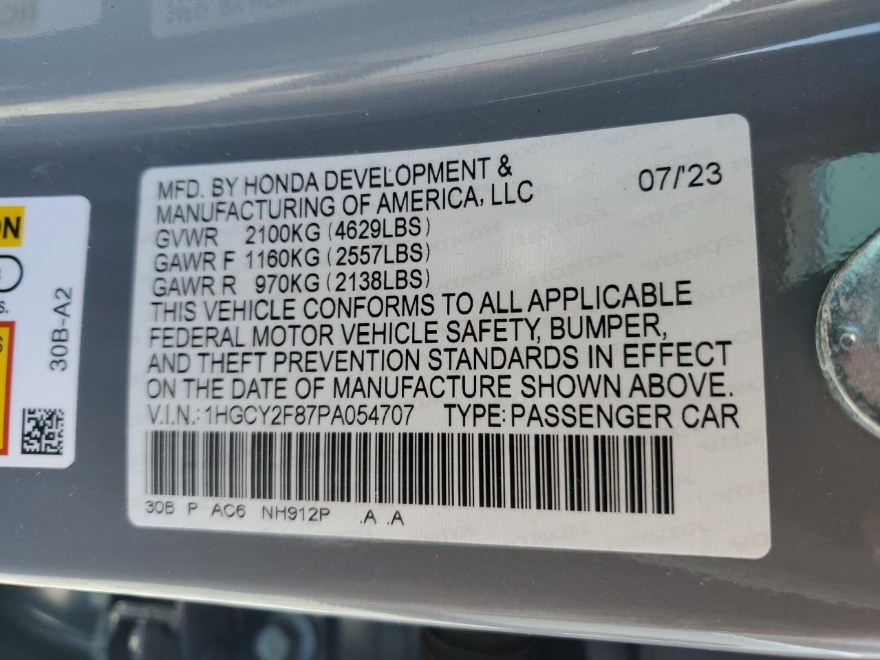 2023 HONDA ACCORD TOURING HYBRID VIN:1HGCY2F87PA054707