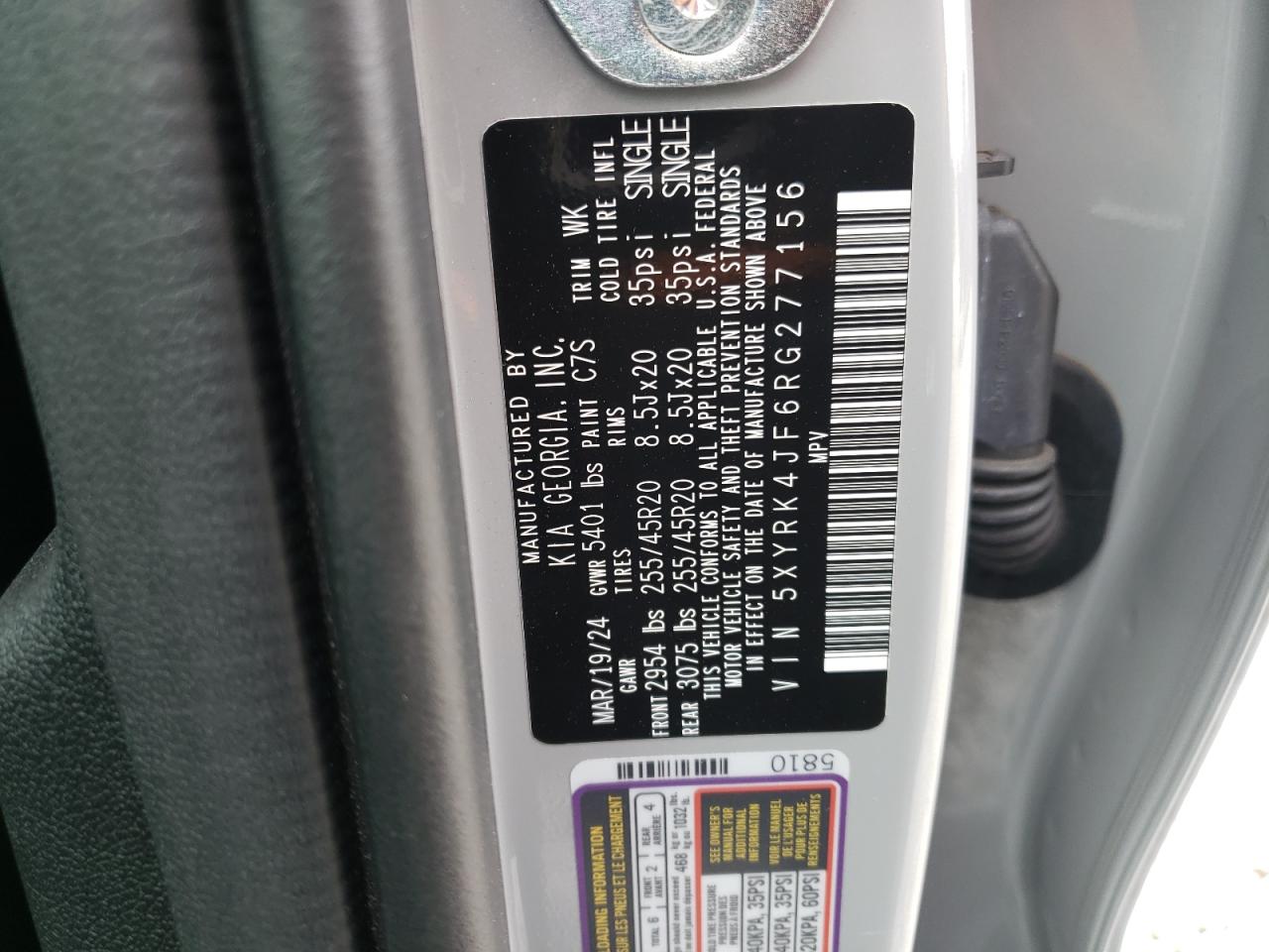 2024 KIA SORENTO SX VIN:5XYRK4JF6RG277156