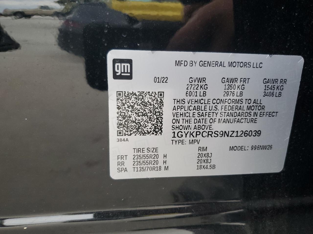 2022 CADILLAC XT6 PREMIUM LUXURY VIN:1GYKPCRS9NZ126039