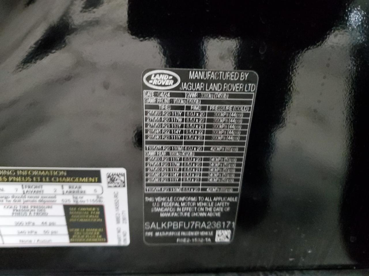 2024 LAND ROVER RANGE ROVER SE VIN:SALKPBFU7RA236171