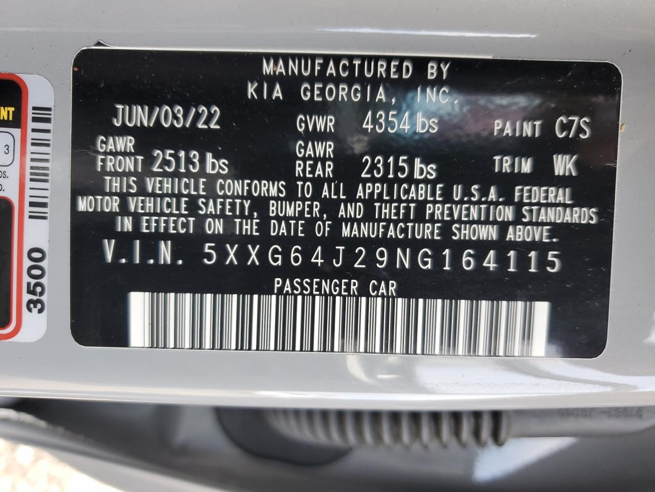 2022 KIA K5 GT LINE VIN:5XXG64J29NG164115