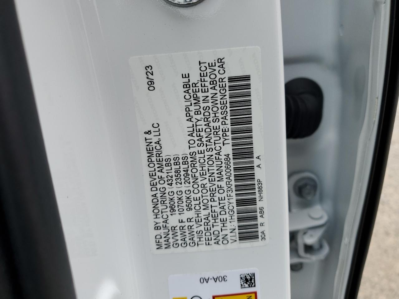 2024 HONDA ACCORD EX VIN:1HGCY1F3XRA006684