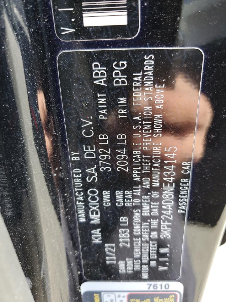 2022 KIA FORTE FE VIN:3KPF24AD8NE434145