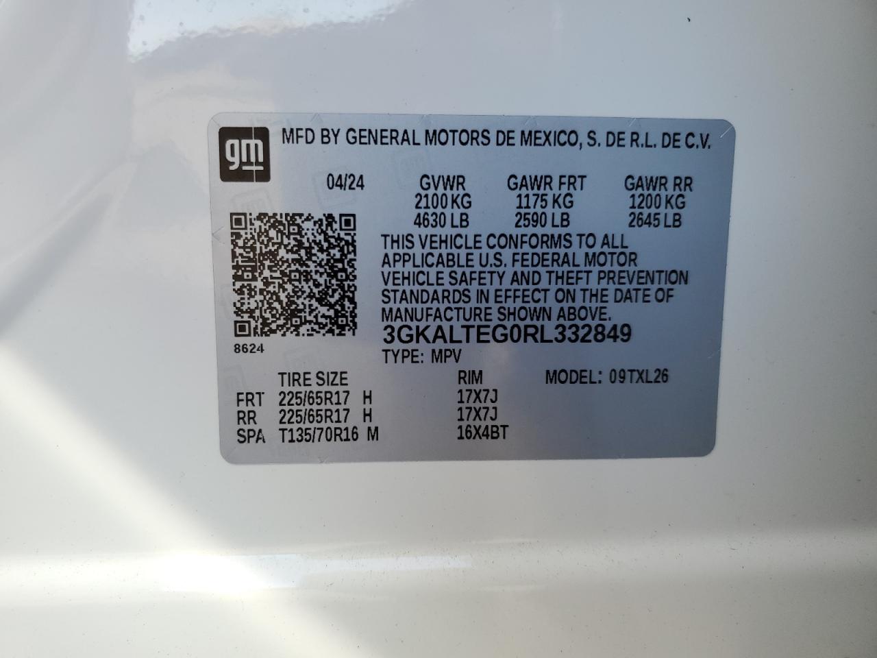 2024 GMC TERRAIN SLE VIN:3GKALTEG0RL332849