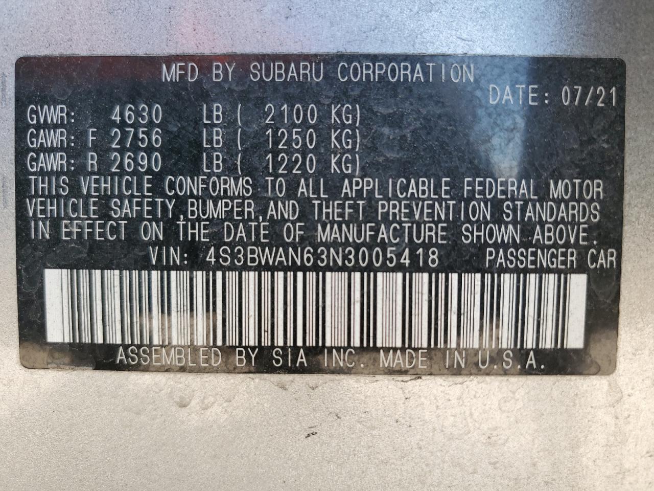 2022 SUBARU LEGACY LIMITED VIN:4S3BWAN63N3005418