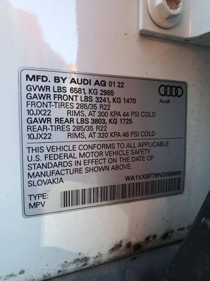 2022 AUDI Q7 PRESTIGE VIN:WA1VXBF78ND009699