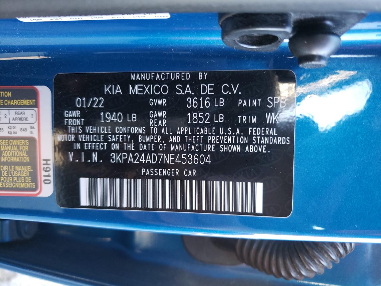 2022 KIA RIO LX VIN:3KPA24AD7NE453604