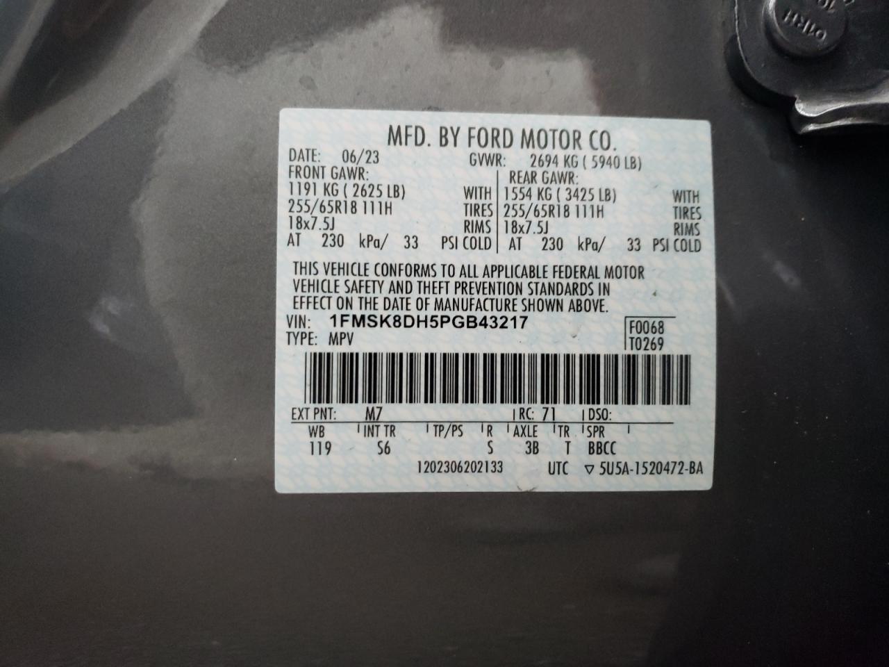 2023 FORD EXPLORER XLT VIN:1FMSK8DH5PGB43217