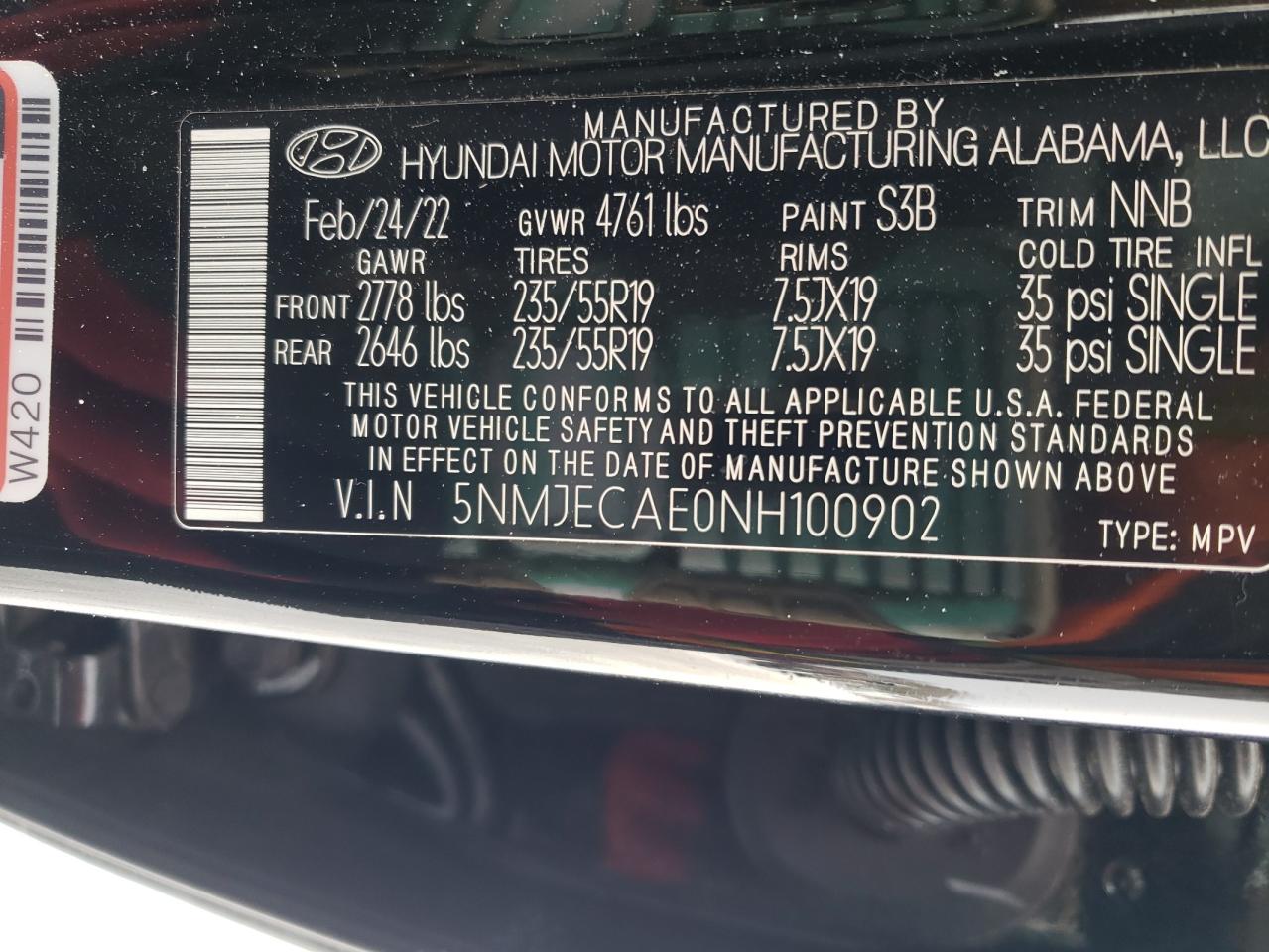 2022 HYUNDAI TUCSON LIMITED VIN:5NMJECAE0NH100902