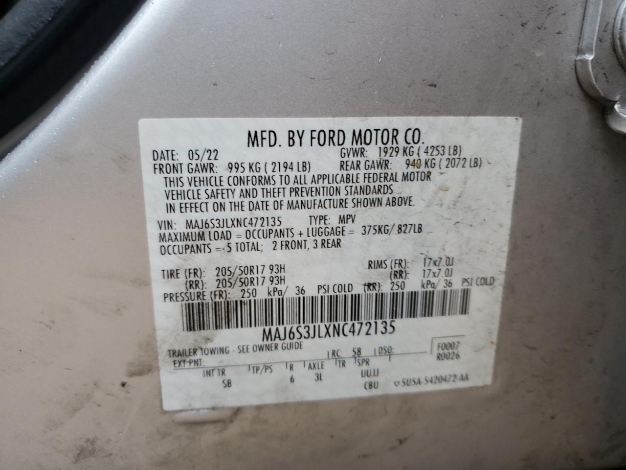 2022 FORD ECOSPORT SES VIN:MAJ6S3JLXNC472135