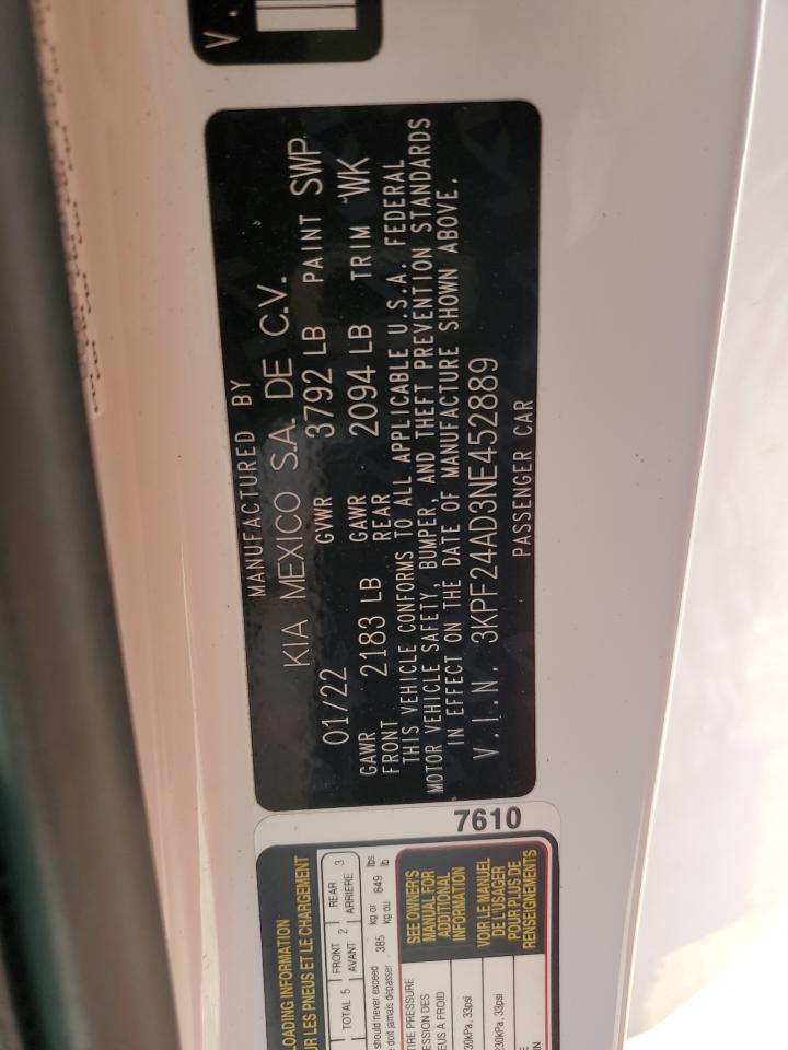 2022 KIA FORTE FE VIN:3KPF24AD3NE452889